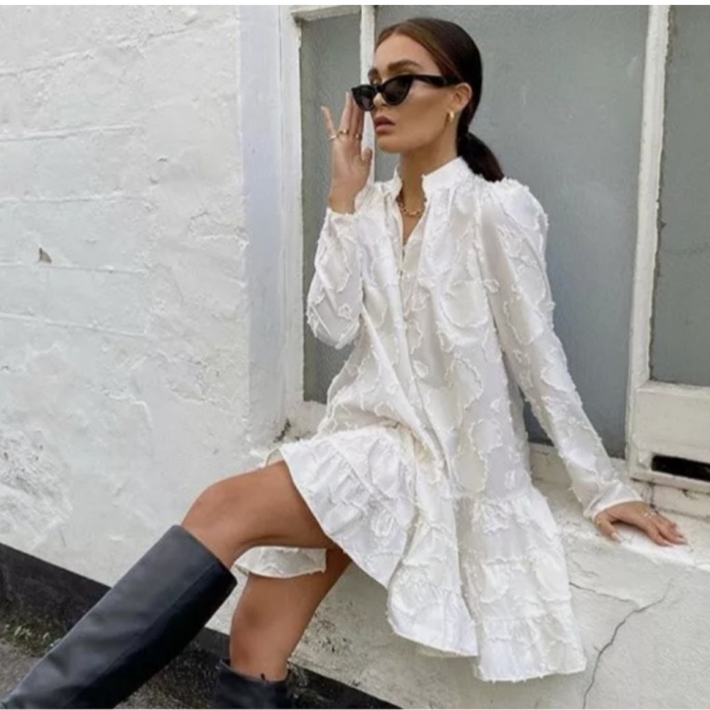 H&M Ltd. Edition White Jacquard Long Sleeve Flare Tier Dress | Blogger Fave | XS